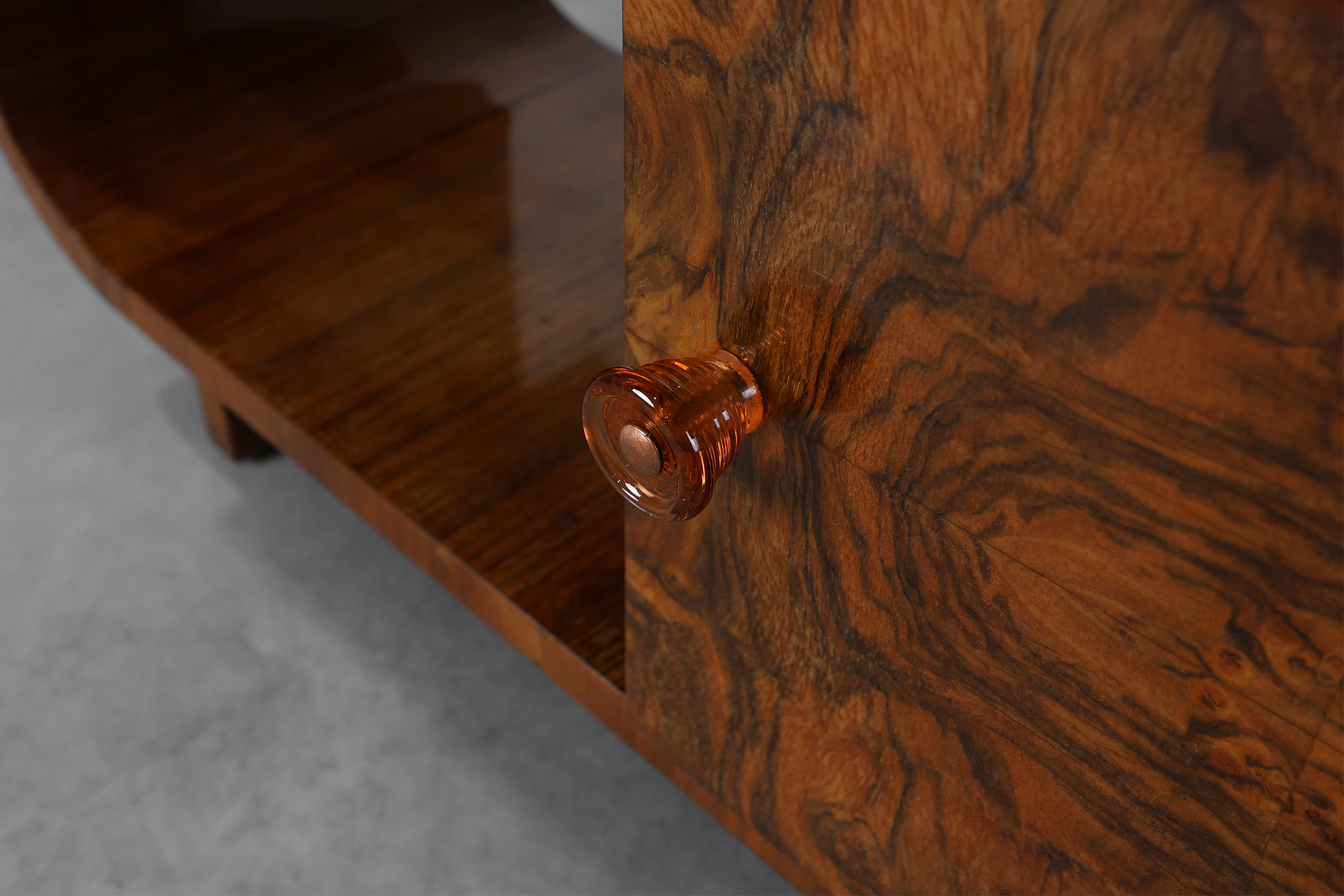 Belgian Art Deco Cabinet in Burl Veneer with Marble and Glass, circa 1930thumbnail